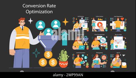 Ensemble d'optimisation du taux de conversion. Experts analysant les performances des sites Web. A B Testing, entonnoir de vente, génération de leads. Stratégies d'engagement des utilisateurs. Illustration vectorielle plate Illustration de Vecteur