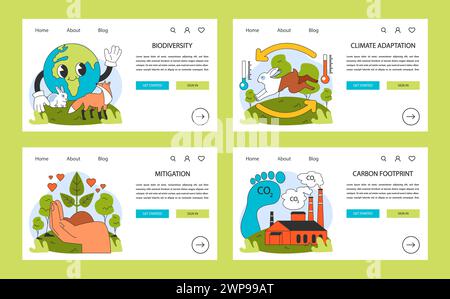 Ensemble de bannières web ou de pages de renvoi sur le changement climatique. Augmentation de la température de la planète et élévation du niveau de la mer due aux émissions de CO2. Mesures de préservation de la nature. Objectif de durabilité. Illustration vectorielle plate Illustration de Vecteur