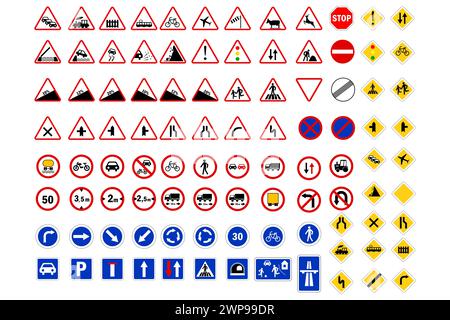 Panneaux routiers prioritaires. Signalisation routière interdite. Signalisation routière obligatoire. Code de la route. Illustration vectorielle. image de stock. SPE 10. Illustration de Vecteur