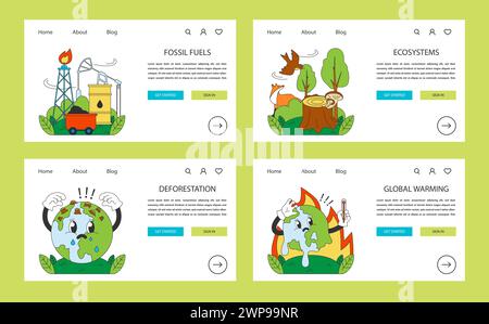 Ensemble de bannières web ou de pages de renvoi sur le changement climatique. Augmentation de la température de la planète et élévation du niveau de la mer due aux émissions de CO2. Mesures de préservation de la nature. Objectif de durabilité. Illustration vectorielle plate Illustration de Vecteur