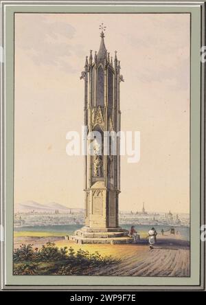 Gravure de Tranquillo Mollo de 1818 à 1823 représentant le monument Spinnerin am Kreuz à Vienne, montrant la croix de style gothique et l'environnement urbain environnant. Banque D'Images