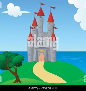 Grand château médiéval sur le paysage de colline, illustration vectorielle Illustration de Vecteur