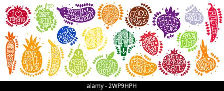 Formes de fruits. Nourriture végétalienne. Autocollants de couleur végétale avec lettrage. Carotte ou brocoli. Logo de recette. Gelée de raisin. Orange fraîche et mûre. Betterave naturelle. Icônes de tomates et de pommes vintage. Jeu de timbres de repas vectoriels Illustration de Vecteur