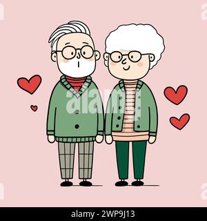 Mignon couple âgé. Deux personnes âgées, sentant l'amour, portant des pulls verts. Vecteur vieux hommes et femmes avec les cheveux blancs. Illustration de Vecteur