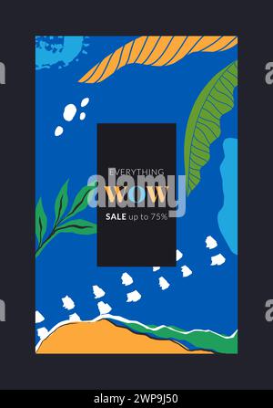 Bannière de vente. Publicité d'achat en magasin. Promotion WOW. Formes de couleurs abstraites. Feuilles de palmier tropicales d'été. Circulaire de réduction créative. Marketing en magasin. Offre saisonnière. Conception vectorielle de publication de médias sociaux Illustration de Vecteur