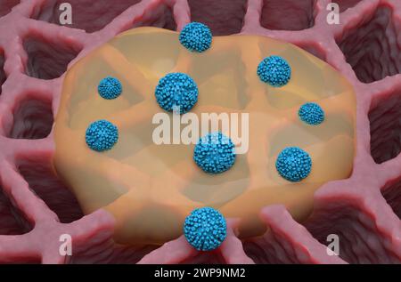 Virus grippal (grippe) et mucus dans le poumon - vue isométrique illustration 3D. Banque D'Images