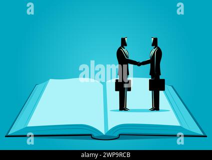 Image symbolique de deux hommes d'affaires serrant la main tout en se tenant debout sur la même page d'un livre ouvert, représente l'alignement et les objectifs partagés. Il transmet th Illustration de Vecteur