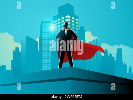 Homme d'affaires comme un super-héros debout sur le dessus d'un bâtiment, accomplissement, détermination, conquérir les obstacles, illustration vectorielle Illustration de Vecteur