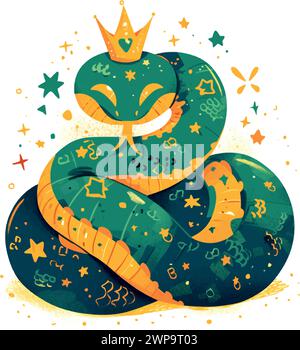 Un serpent vert avec une couronne sur sa tête et des étoiles autour de lui. Illustration de Vecteur