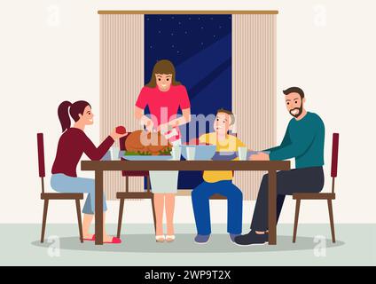 Une famille heureuse se rassemble pour un dîner, rayonnant d'amour et de gratitude. Idéal pour le contenu sur le thème de Thanksgiving, les promotions familiales et le matériel des fêtes, capt Illustration de Vecteur