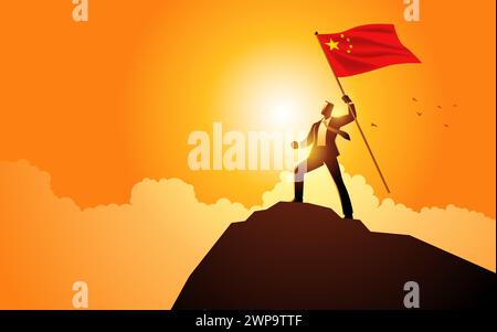 Homme d'affaires visionnaire debout triomphalement au sommet d'un sommet de montagne, tenant fièrement le drapeau de la République populaire de Chine. Symbolise le succès, plomb Illustration de Vecteur