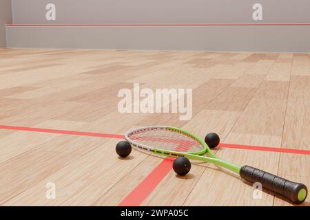 Raquette et balles de squash dans la salle de sport au rez-de-chaussée. Rendu 3D. Banque D'Images