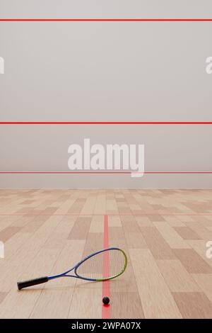 Une raquette et une balle de squash gisent sur le sol du terrain dans la salle de sport. rendu 3d. Banque D'Images