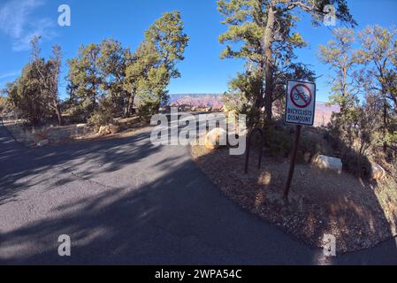 Un petit point de vue avec un panneau indiquant aux cyclistes de descendre le long du Greenway Trail à l'est de Pima point au Grand Canyon Arizona. Banque D'Images
