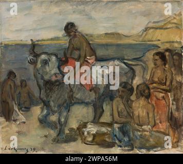 Une peinture allemande de 1929 de Leo von König représentant la scène mythologique de l'enlèvement de l'Europe par Zeus, avec des taureaux présents. Banque D'Images