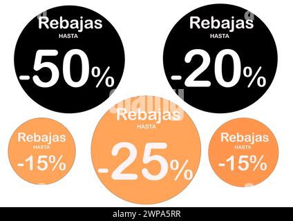 Ventes. Étiquettes de rabais imprimables noir -50%,-25,-20-15%.étiquettes de vente écrites en espagnol : 'Rebajas' Banque D'Images