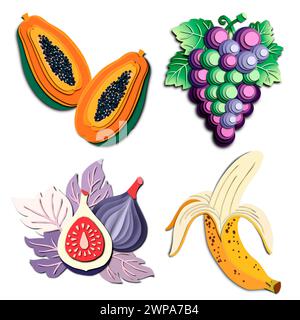 Fruits de dessin animé de collection dans le style de coupe de papier de couche isolé sur fond blanc. Banane, papaye, raisin et figues. Banque D'Images