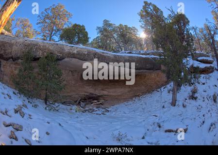 Surplombant la falaise, avec une grotte peu profonde, juste au-dessus d'un affluent qui alimente Hermit Creek au Grand Canyon Arizona. Situé à l'ouest de Hermits Rest. Banque D'Images