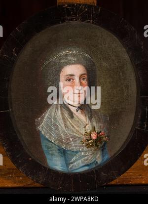 Une peinture allemande du XVIIIe siècle représente une femme dans une robe bleue dans un portrait en pendentif ovale, mettant en évidence les traits du visage et la tenue vestimentaire, avec la provenance du KP. Banque D'Images