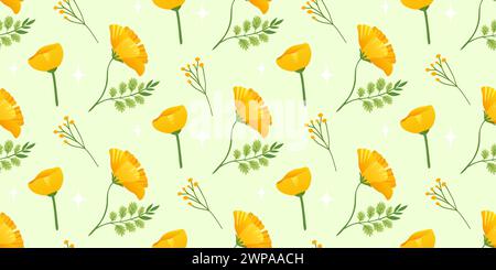 Fond horizontal avec des fleurs jaunes. Motif floral sans couture. Fleurs jaunes d'Echscholtzia. Coquelicot doré de Californie. Illustration vectorielle. Illustration de Vecteur