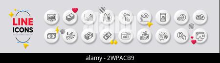 Statistiques, statistiques smartphone et icônes de ligne de devise USD. Boutons blancs icônes 3D. Pack of Inspect, Discount chat, rafraîchir l'icône bitcoin. Inflatio Illustration de Vecteur