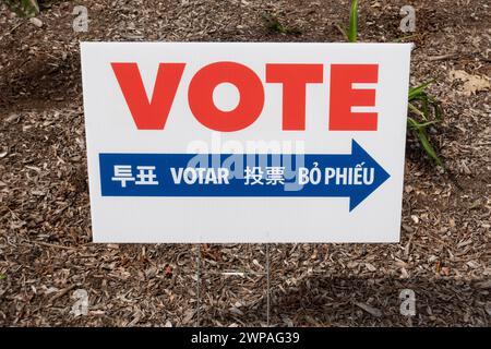 Un panneau de vote multilingue avec une flèche en rouge blanc et bleu Banque D'Images