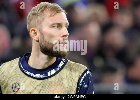 MUNICH, Allemagne. 05 mars 2024. Konrad LAIMER lors de l'échauffement pour le match de football de la Ligue des Champions entre le FC Bayern Muenchen et le S.S. LAZIO Roma à l'Allianz Arena de Munich le 5 mars 2024 en Allemagne. Fussball, 3:0, (photo et copyright @ ATP images/Arthur THILL (THILL Arthur/ATP/SPP) crédit : SPP Sport Press photo. /Alamy Live News Banque D'Images