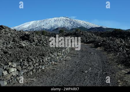 Sentier à travers la couleur bleu plomb de la roche basaltique du volcan de l'Etna dans Etna Park, Sicile, Italie Banque D'Images