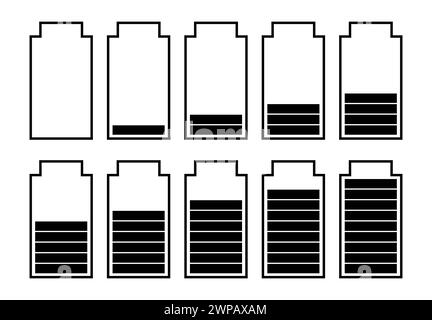 Un jeu de dix batteries avec différents indicateurs de charge. Illustration vectorielle Illustration de Vecteur