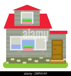 Maison privée avec un toit rouge, des murs gris et jalousie sur les fenêtres sur un fond blanc. Illustration vectorielle. Illustration de Vecteur