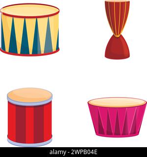 Icônes ethniques de batterie définissent le vecteur de dessin animé. Tambour de style et de couleur différents. Instrument de musique à percussion Illustration de Vecteur