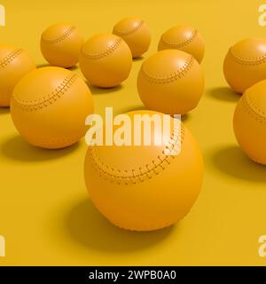 Ensemble de softball ou balle de baseball couché dans la rangée sur fond monochrome. rendu 3d des accessoires de sport pour les jeux de jeu d'équipe Banque D'Images