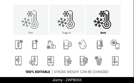 Icônes de ligne de réfrigérateur réglées. Stockage de congélateur, réfrigérateur, machine frigorifique intelligente Vector Illustration de Vecteur