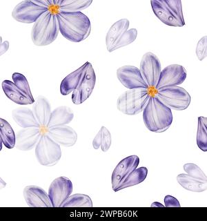 Motif sans couture aquarelle avec fleur de crocus en fleur violette isolé sur fond. Illustration botanique de safran peint à la main au printemps et à pâques. Banque D'Images