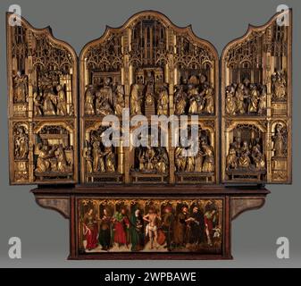 Série de peintures religieuses et bibliques avant 1516 par Joos Van Cleve, Jan de Molder, et un peintre inconnu de Gdańsk représentant le Christ portant la croix, Christ avant Pilate, baptême du Christ, Ecce Homo, Jean le Baptiste, crucifixion, scènes du Nouveau Testament, peinture néerlandaise, paysages et iconographie religieuse. Banque D'Images