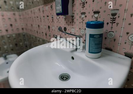 Image de l'intérieur des toilettes pour handicapés fraîchement nettoyées dans un hôpital, une clinique Banque D'Images