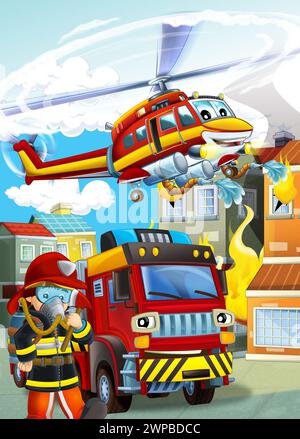 scène de dessin animé avec différentes machines de pompier hélicoptère et illustration de camion de brigade de pompiers pour les enfants Banque D'Images