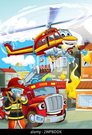 scène de dessin animé avec différentes machines de pompier hélicoptère et illustration de camion de brigade de pompiers pour les enfants Banque D'Images