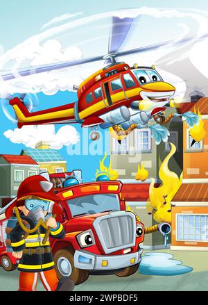 scène de dessin animé avec différentes machines de pompier hélicoptère et illustration de camion de brigade de pompiers pour les enfants Banque D'Images