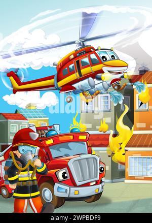 scène de dessin animé avec différentes machines de pompier hélicoptère et illustration de camion de brigade de pompiers pour les enfants Banque D'Images