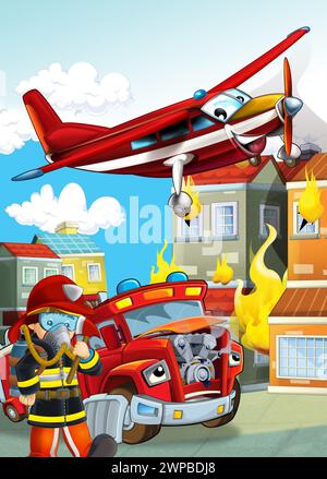 scène de dessin animé avec différentes machines de pompier hélicoptère et illustration de camion de brigade de pompiers pour les enfants Banque D'Images