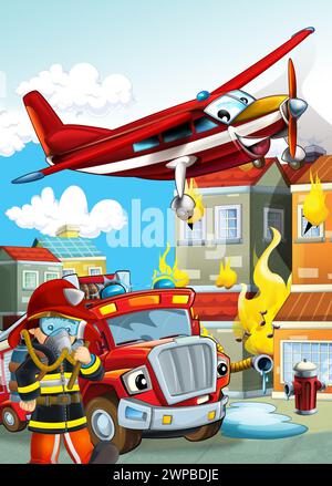 scène de dessin animé avec différentes machines de pompier hélicoptère et illustration de camion de brigade de pompiers pour les enfants Banque D'Images