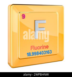 Fluor F, signe d'élément chimique avec le numéro 9 dans le tableau périodique. Rendu 3D isolé sur fond blanc Banque D'Images