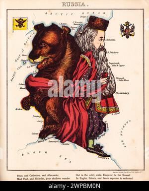 Carte picturale vintage représentant la Russie comme un ours et le tsar Alexandre Ier Comprend des illustrations d'un drapeau et d'un blason. Dans le plaisir géographique de Lancaster et Harvey. Londres : Hodder et Stoughton, [1868 ou 1869]. Banque D'Images