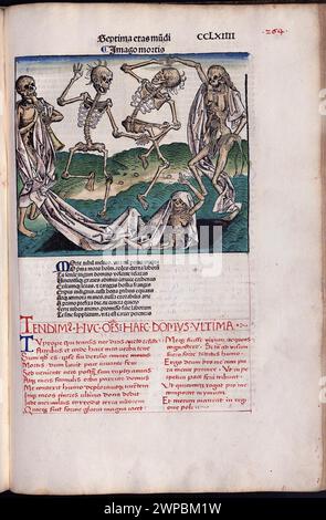 Belles pages gravées sur bois de la chronique de Nuremberg de 1493, qui est une ényclodpedia des événements mondiaux, de la mythologie et de l'histoire chrétienne. Ce travail extra-ordinaire a été l'un des premiers livres jamais imprimés et le premier à intégrer avec succès du texte et des images. Ces pages montrent du texte latin et une gravure de quatre squelettes dansant autour d'un cadavre dans une tombe. Banque D'Images