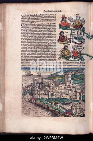 Belles pages gravées sur bois de la chronique de Nuremberg de 1493, qui est une ényclodpedia des événements mondiaux, de la mythologie et de l'histoire chrétienne. Ce travail extra-ordinaire a été l'un des premiers livres jamais imprimés et le premier à intégrer avec succès du texte et des images. Ces pages montrent du texte latin et une gravure de la ville de Rhodes en Grèce. Banque D'Images