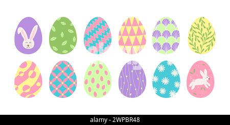 Ensemble d'œufs de Pâques colorés avec différents motifs, élément de conception de vacances, illustration vectorielle Illustration de Vecteur