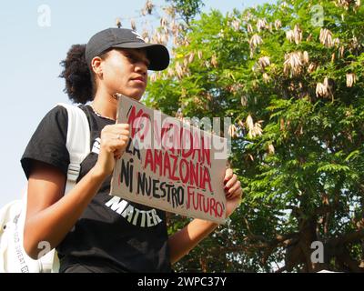 Lima, Pérou. 06 mars 2024. "Ne vendez pas l'Amazonie, ni notre avenir" peut être lu sur une pancarte lorsque des dizaines de manifestants et d'écologistes protestent devant le Congrès péruvien, pour les récentes modifications de la loi forestière qui faciliteraient la déforestation de l'Amazonie et l'exploitation forestière illégale crédit: Agence de presse Fotoholica/Alamy Live News Banque D'Images