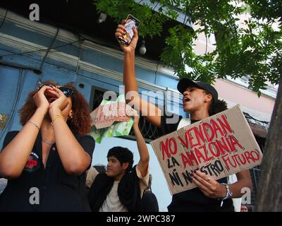 Lima, Pérou. 06 mars 2024. "Ne vendez pas l'Amazonie, ni notre avenir" peut être lu sur une pancarte lorsque des dizaines de manifestants et d'écologistes protestent devant le Congrès péruvien, pour les récentes modifications de la loi forestière qui faciliteraient la déforestation de l'Amazonie et l'exploitation forestière illégale crédit: Agence de presse Fotoholica/Alamy Live News Banque D'Images