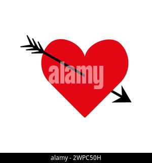 Un cœur rouge audacieux percé d'une flèche noire. Coeur rouge percé. Icône de flèche Cupidon. Symbole d'amour et de romance. Illustration vectorielle. SPE 10. Illustration de Vecteur